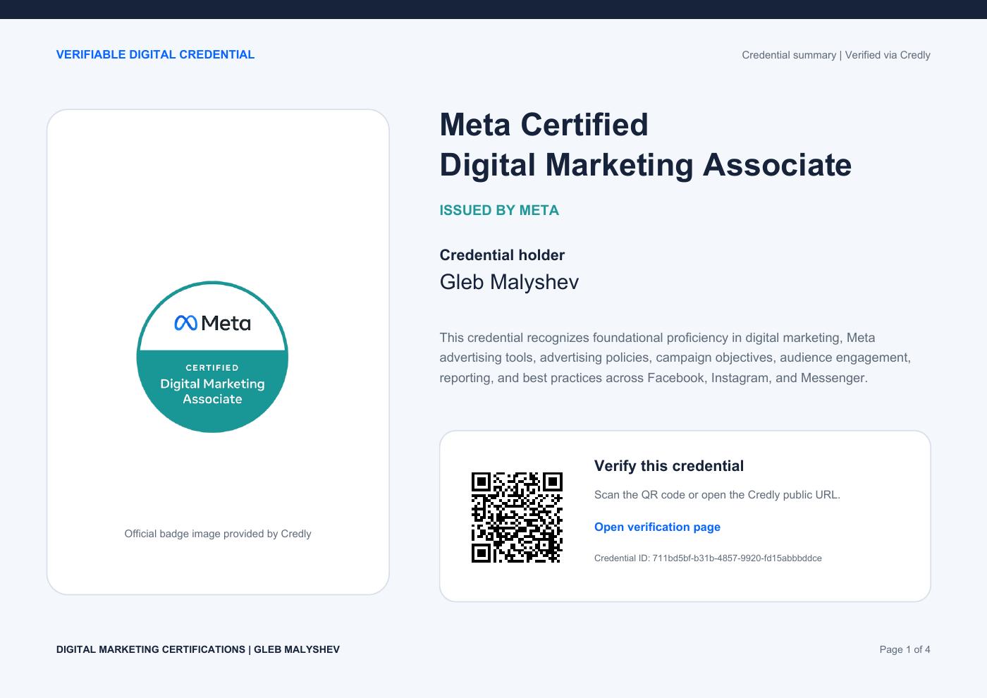 Meta Certified Digital Marketing Associate credential for Gleb Malyshev