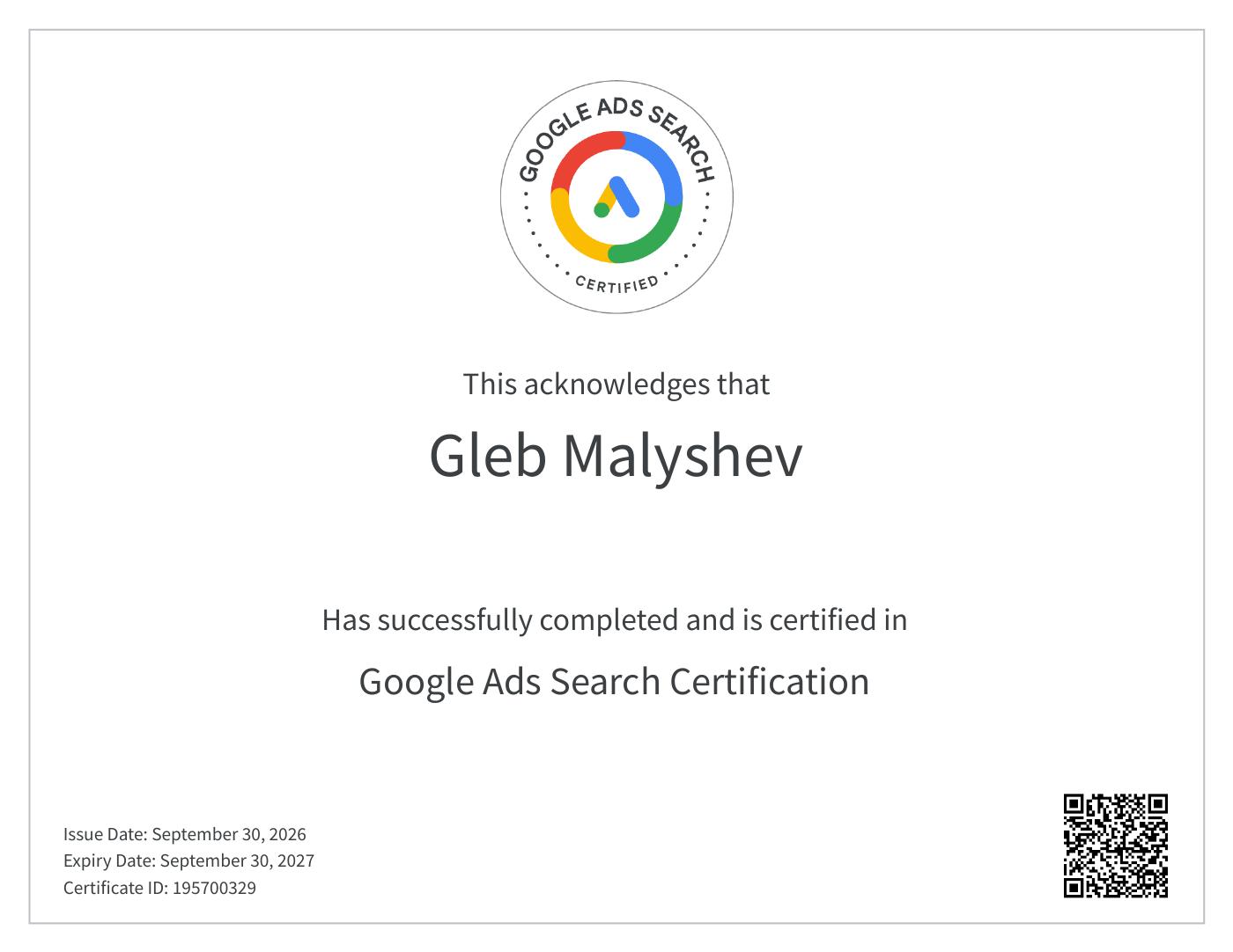 Google Ads Search certificate for Gleb Malyshev